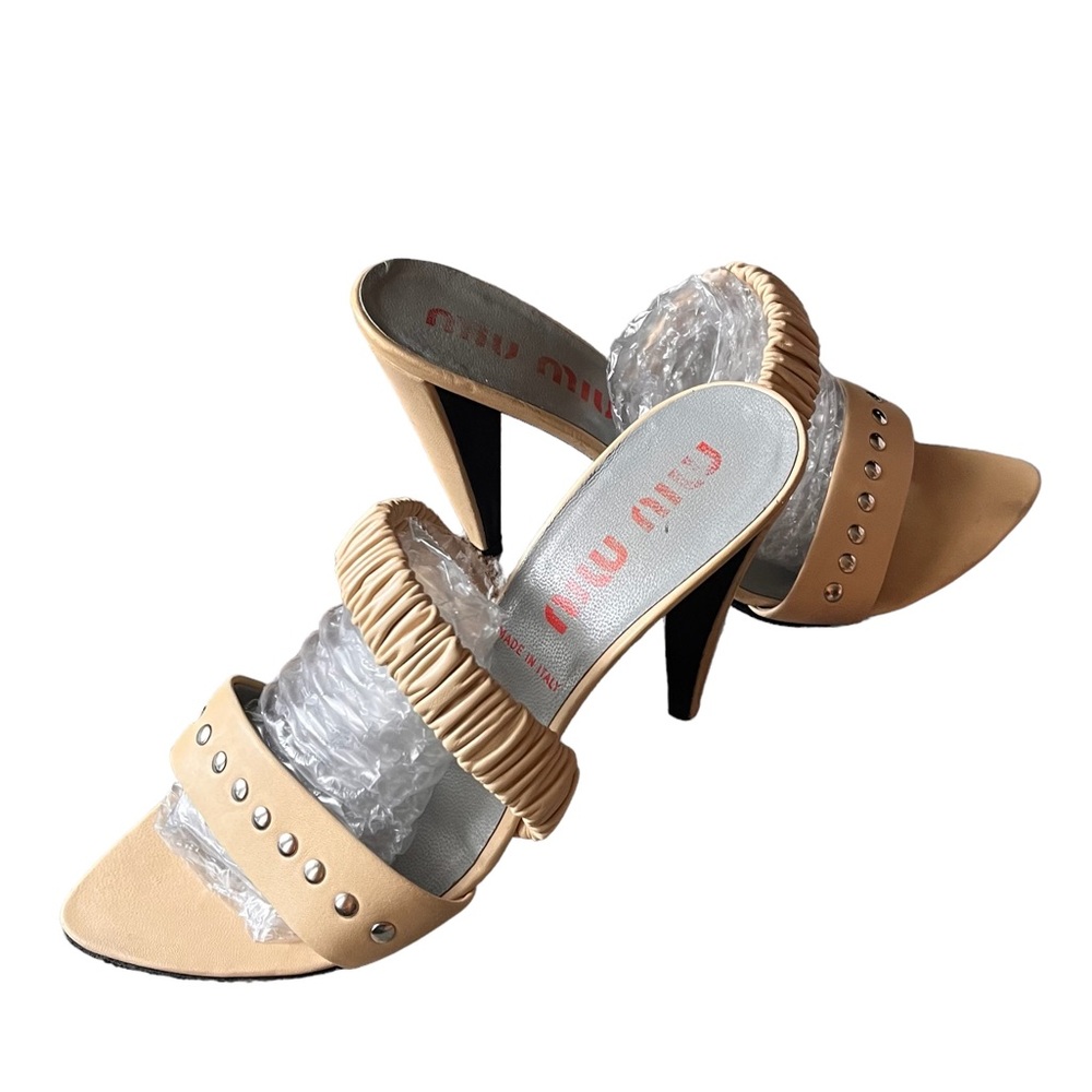 Miu Miu Stud Nappa Strap Mule Heel Sandals Shoes … - image 4